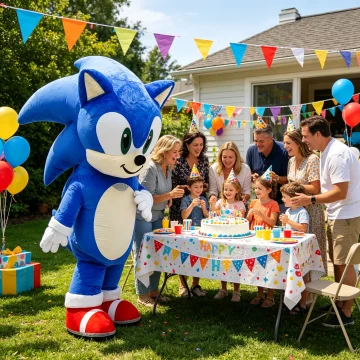 Blue Sonic the Hedgehog inflatable character greets a group of children at an outdoor birthday party with colorful bunting balloons and a cake on a decorated table | PricZone