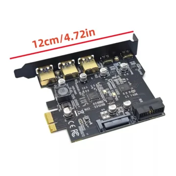 PCIe expansion card with four ports along a metal bracket, showing a red '12 cm / 4.72 in' measurement line across the top.