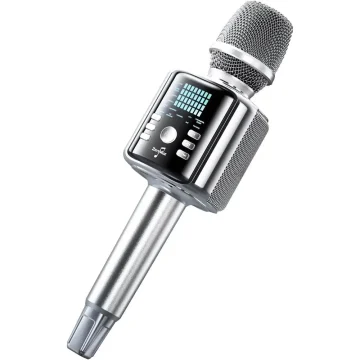 Wireless handheld microphone with a digital display panel on the body metallic finish and mesh grill | PricZone
