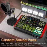 Promotional image of a microphone and audio mixer on a desk highlighting four custom sound pads labeled AD | PricZone
