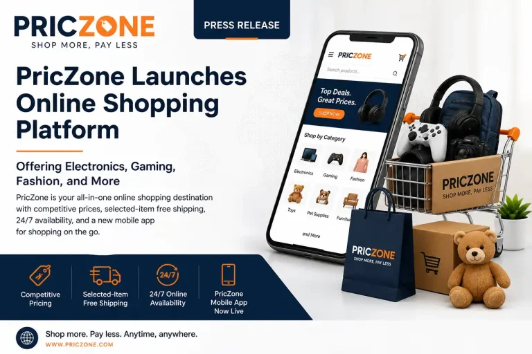 PricZone launches an online shopping platform with a smartphone showing the app a shopping cart full of items and branding | PricZone