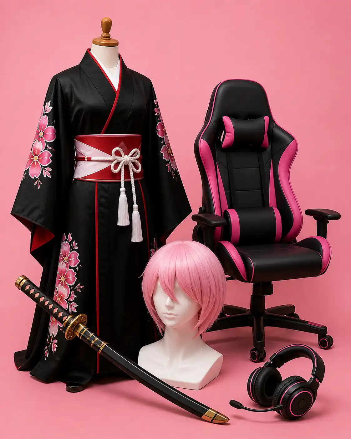 Cosplay setup with a black kimono featuring pink floral embroidery, a red obi with white tassels, a sheathed katana, a pink wig on a mannequin, and a pink/black gaming chair with a headset nearby.