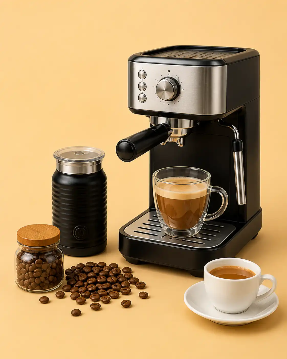 Espresso machine brewing into a glass cup on the tray, with a jar of coffee beans and a black carafe nearby on a pale yellow background.