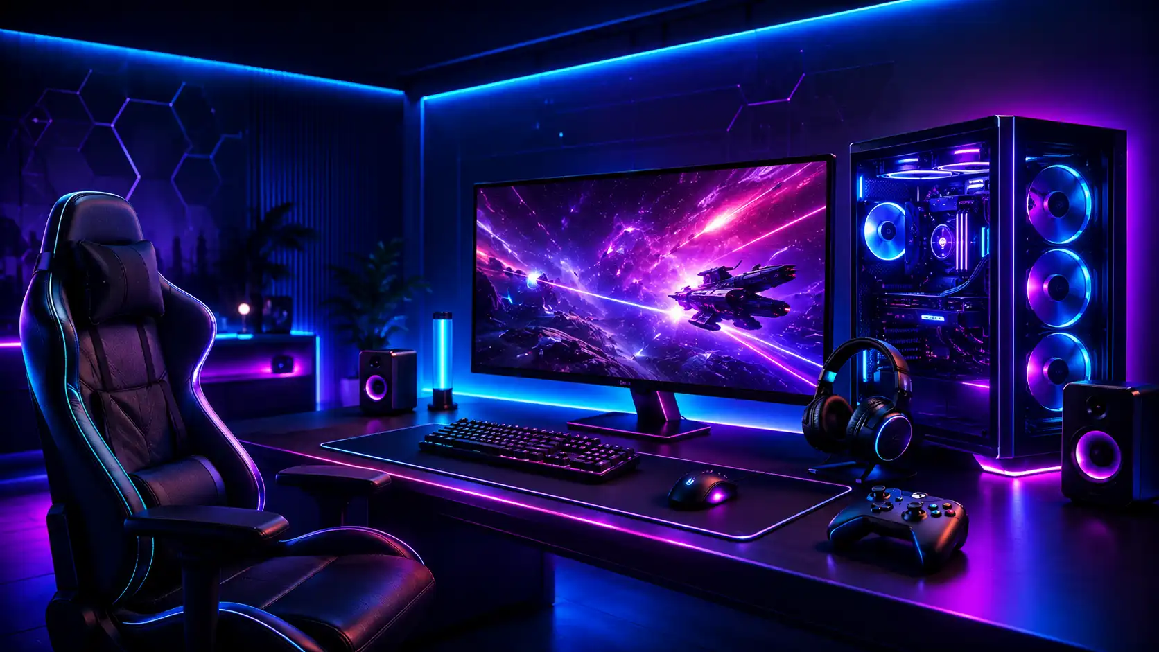 Gaming desk with LED neon lighting, large monitor showing a space battle, and an RGB-lit PC tower on the right.