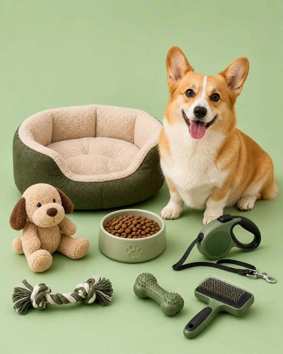 Happy corgi with tongue out sits beside a green, plush dog bed and various pet supplies (kibble bowl, toys, brush, rope, leash) on a green background.