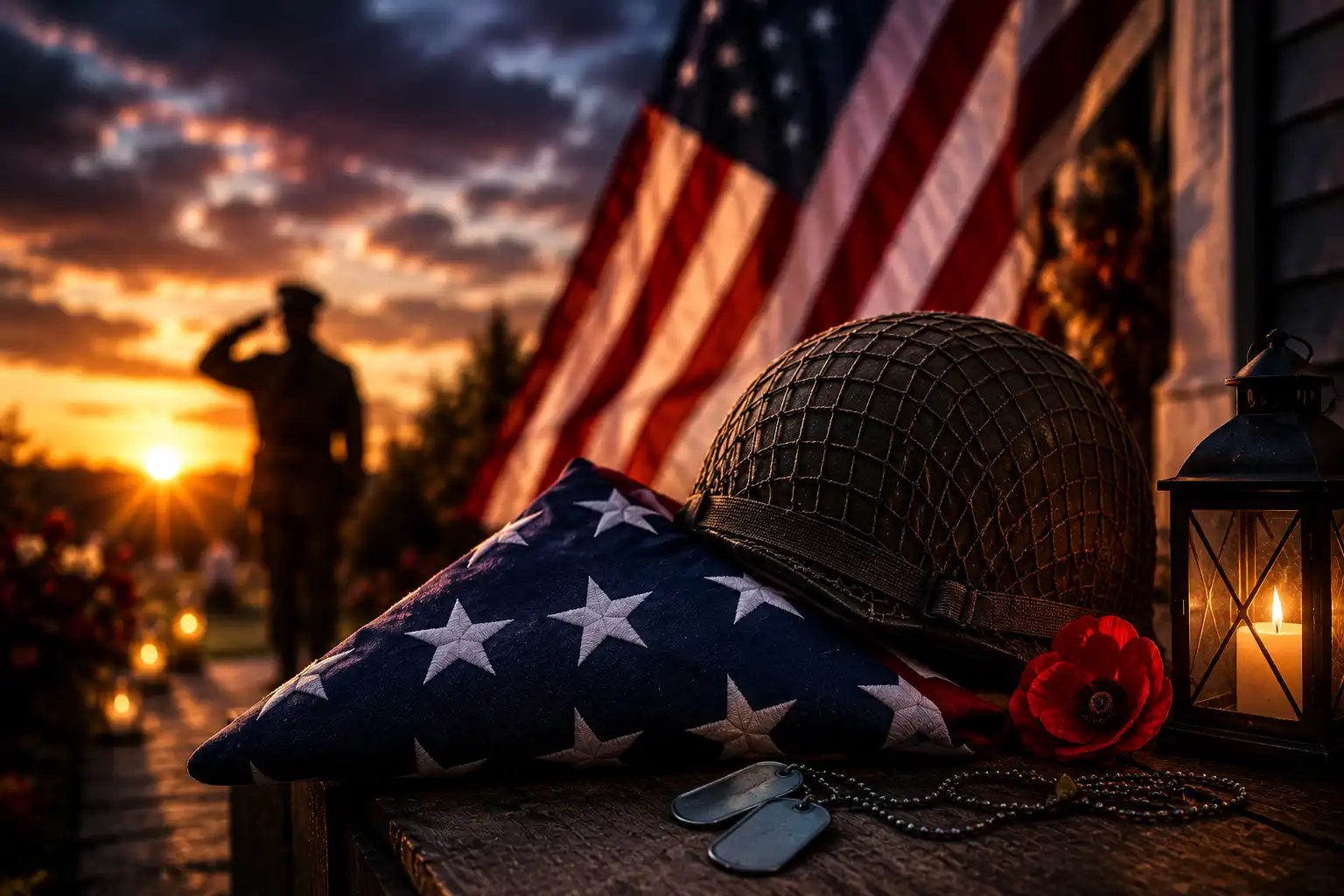 Soldier silhouette saluting at a memorial with an American flag, helmet, dog tags, and glowing lanterns at sunset.