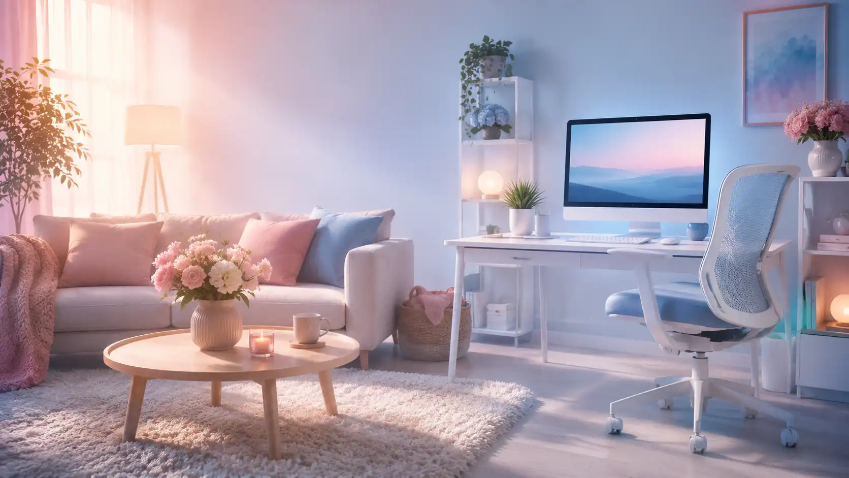 Pastel-toned living room with white sofa, round coffee table, flowers, and a white desk with an iMac computer.