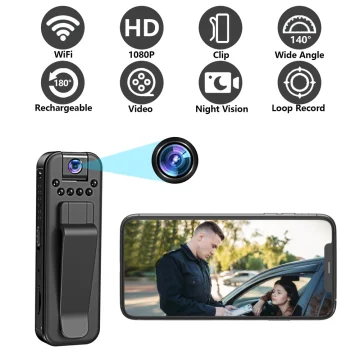 Car dash cam with wireless 1080p HD 140° wide angle loop recording night vision phone screen shows a car scene | PricZone