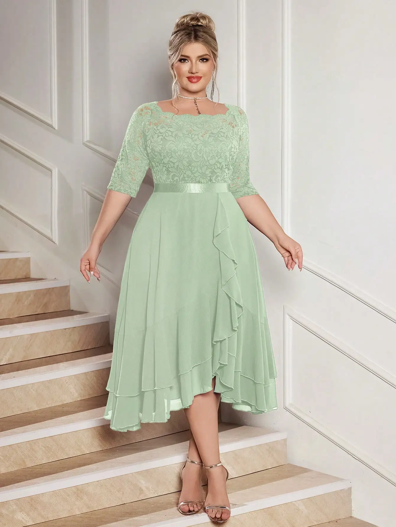 Plus Size Floral Lace Chiffon Cocktail Dress with Ruffle Hem 6 | PricZone Plus Size Floral Lace Chiffon Cocktail Dress with Ruffle Hem 6 | PricZone