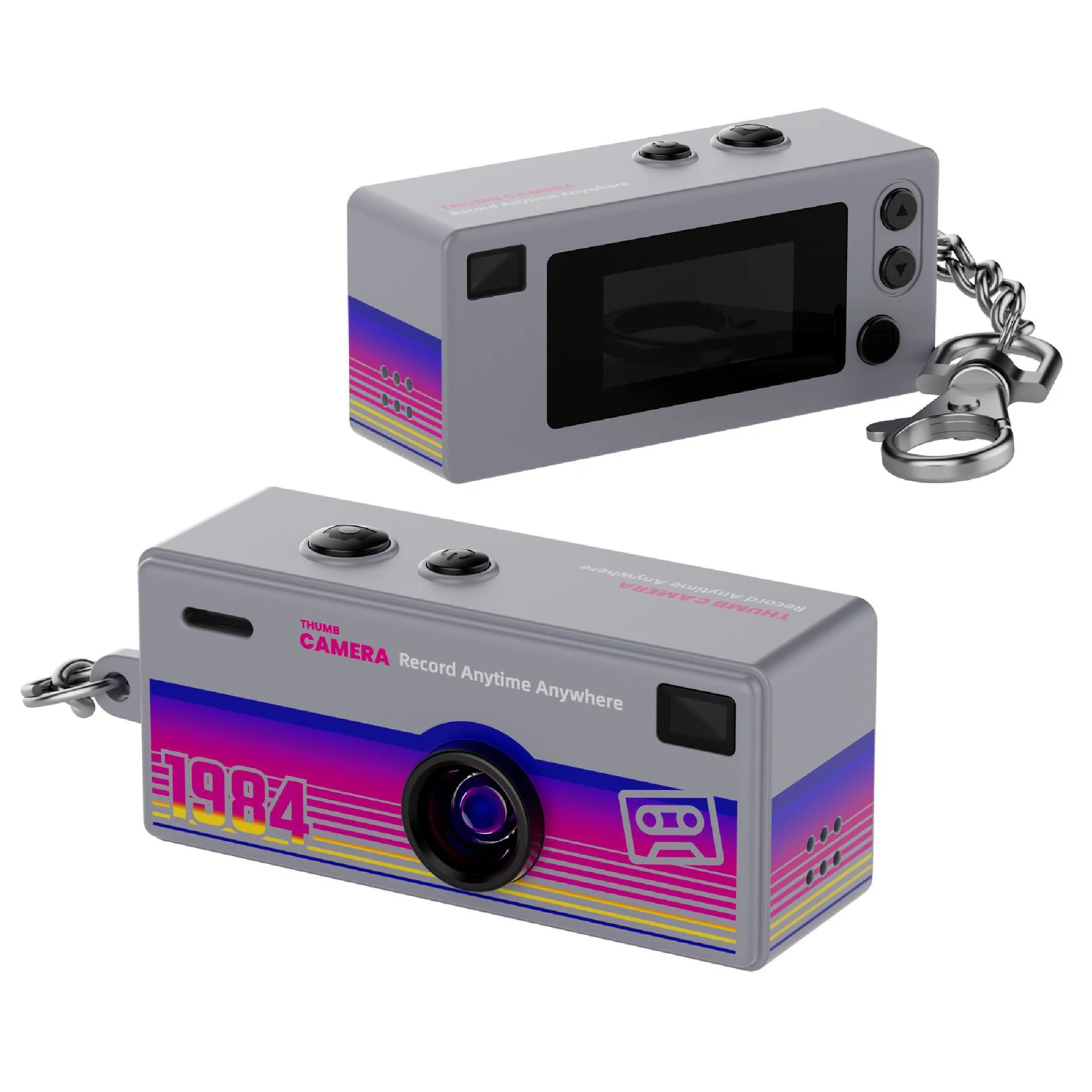 Retro mini camera with rainbow stripe design and a metal keychain attached to the side, in gray.