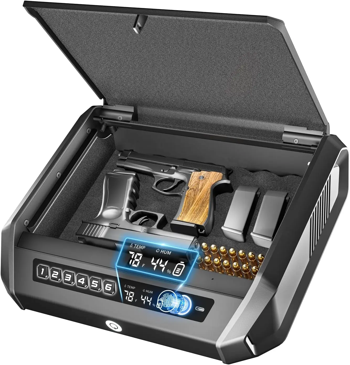 Open gun safe displaying a pistol with wooden grip, two magazines, and ammunition inside, plus a blue digital control panel and indicators.