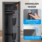 Mutak 38 Rifle Gun Safe with Biometric Lock 5 | PricZone Infographic style ad showing a tall safe with blue callouts highlighting an upgraded curved edge handle and thick slip resistant design | PricZone