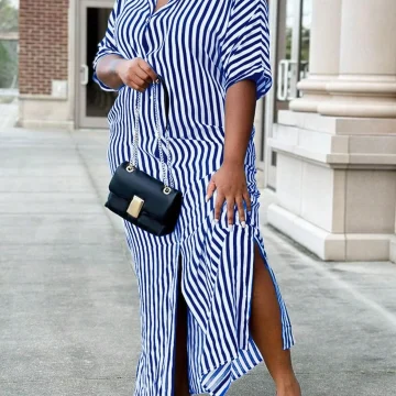 Plus Size Striped Shirt Dress with Side Slit 1 | PricZone