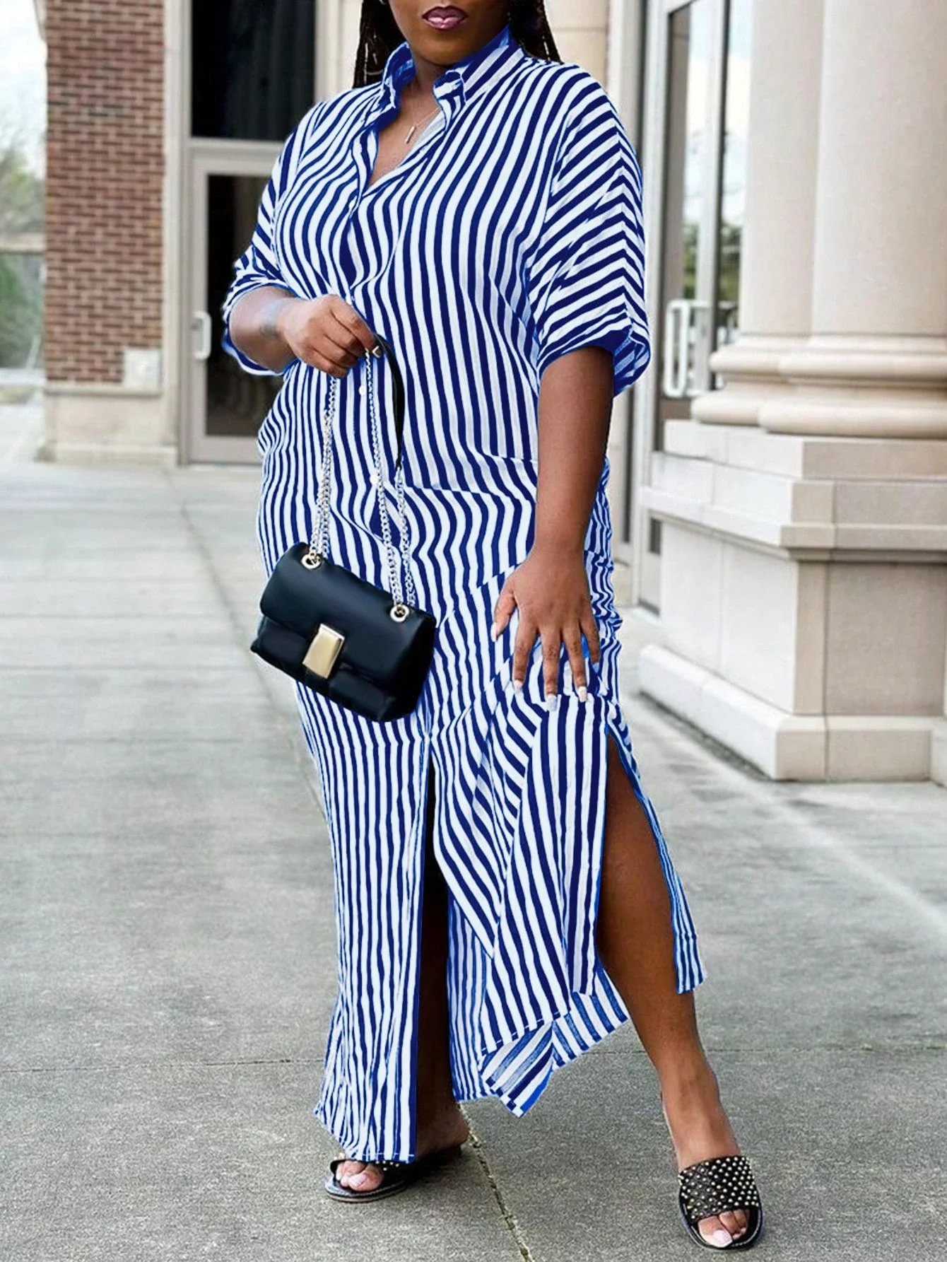 Plus Size Striped Shirt Dress with Side Slit 1 | PricZone Plus Size Striped Shirt Dress with Side Slit 1 | PricZone