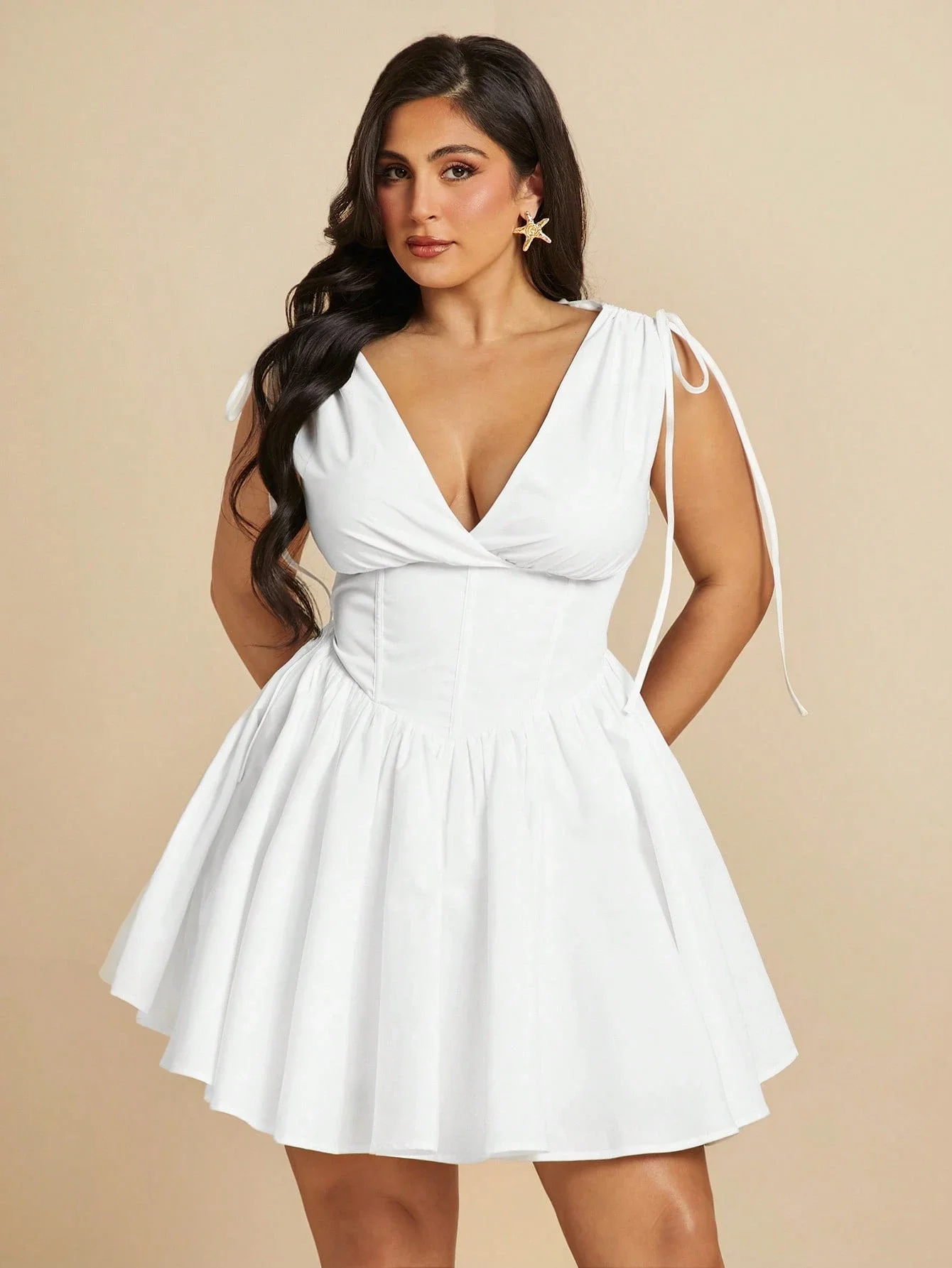 Plus Size VNeck Drawstring Puffy Mini Dress 6 | PricZone Plus Size V Neck Drawstring Puffy Mini Dress 6 | PricZone