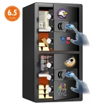 HeavyDuty Large Capacity Safe with Hidden Knob and Dual 1 | PricZone Open safe with cash and gold bars visible a gloved hand turning the keypad 65 cu ft capacity badge on the left stickers eagle logo American flag sunglasses mustache decorate the door | PricZone