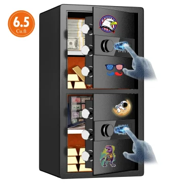 Open safe with cash and gold bars visible a gloved hand turning the keypad 65 cu ft capacity badge on the left stickers eagle logo American flag sunglasses mustache decorate the door | PricZone