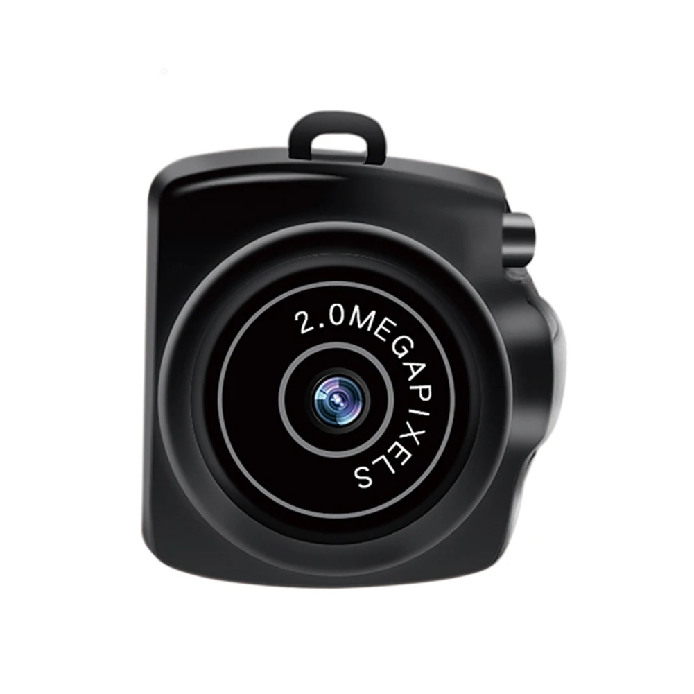 Compact black square camera with a circular lens in the center and a top mounting loop, labeled 2.0 megapixels around the lens.