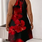 Plus Size Red Tropical Floral Print Halter Neck Summer Dress 1 | PricZone Plus Size Red Tropical Floral Print Halter Neck Summer Dress 1 | PricZone