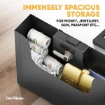 Open black safe filled with rolled $100 bills and gold bars Elder Welder logo visible on the bottom left Informative image of a valuables safe | PricZone