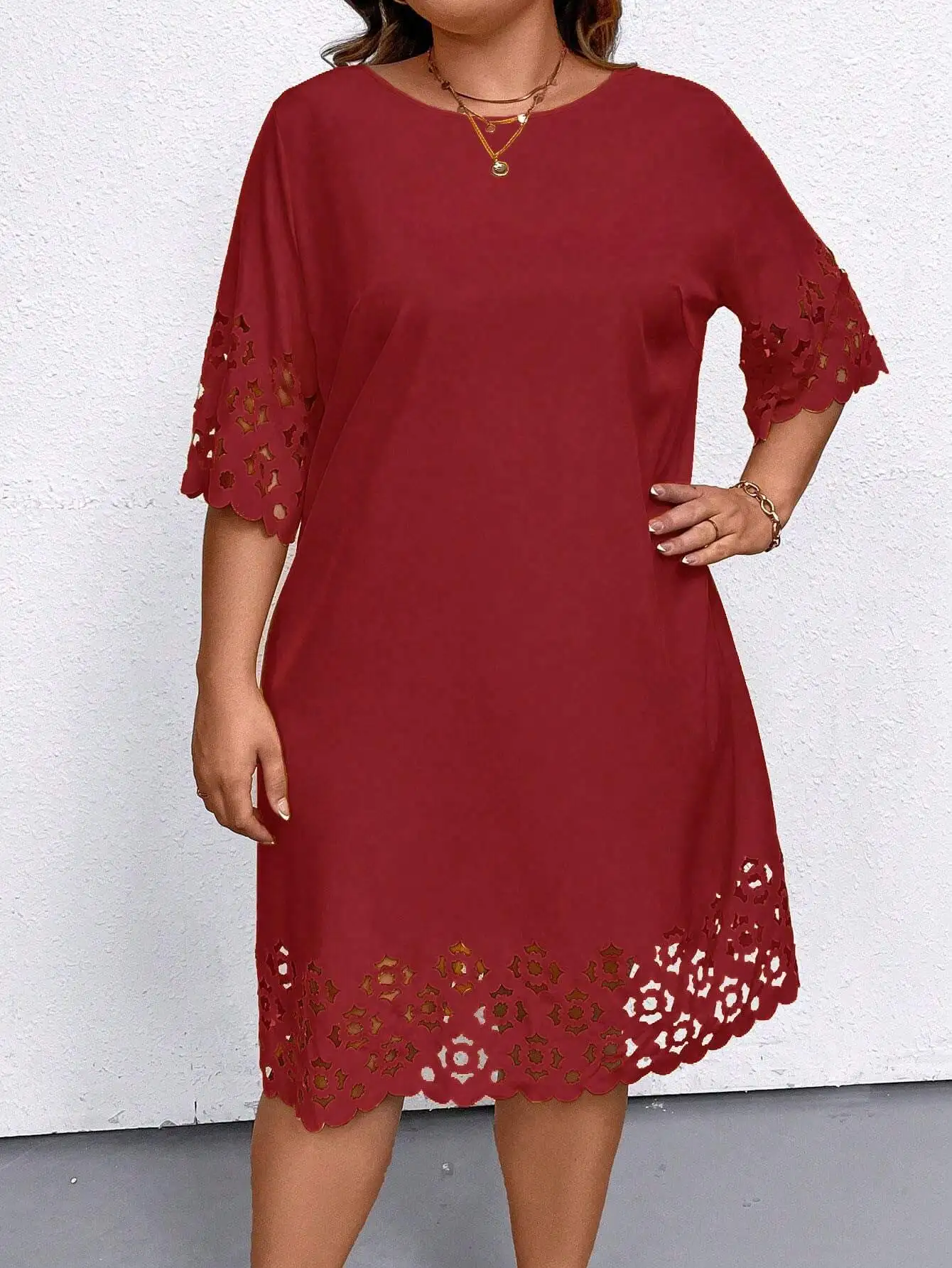Plus Size Burgundy Hollow Out Summer Dress 3 | PricZone Plus Size Burgundy Hollow Out Summer Dress 3 | PricZone