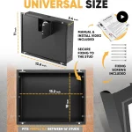 Infographic showing a black cabinet with mounting measurements 11 inch height 136 inch depth 132 inch width with screws and mounting hardware illustrated and text noting universal size | PricZone