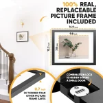 Advertisement for a 149 inch replaceable picture frame shows a large black frame with orange measurement outlines and a sample plant photo inside | PricZone