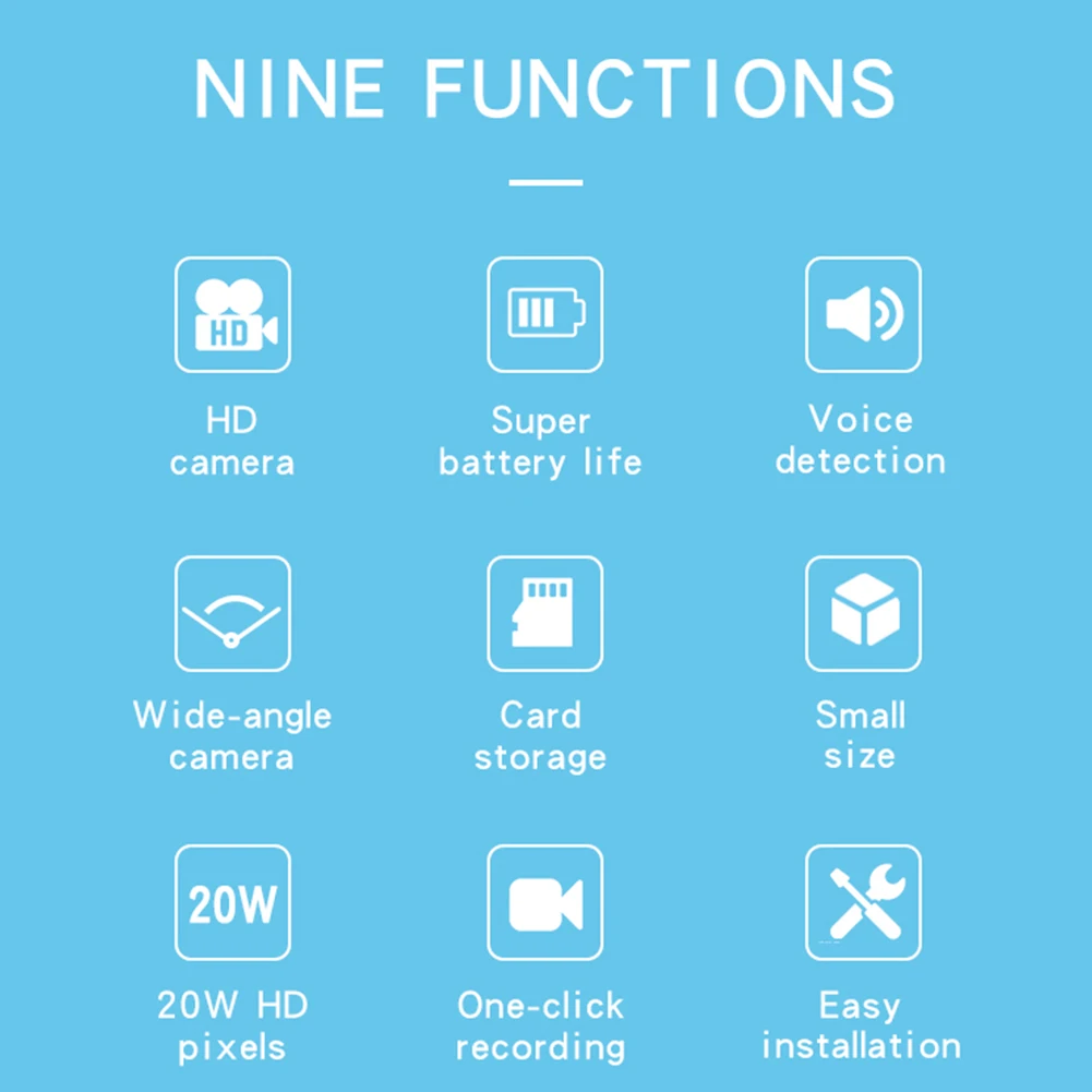 Nine features: HD camera, long battery life, voice detection; wide-angle camera, card storage, small size; 20W HD pixels, one-click recording, easy installation.