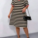 Plus Size Striped V Neck Dress with Red Trim 4 | PricZone