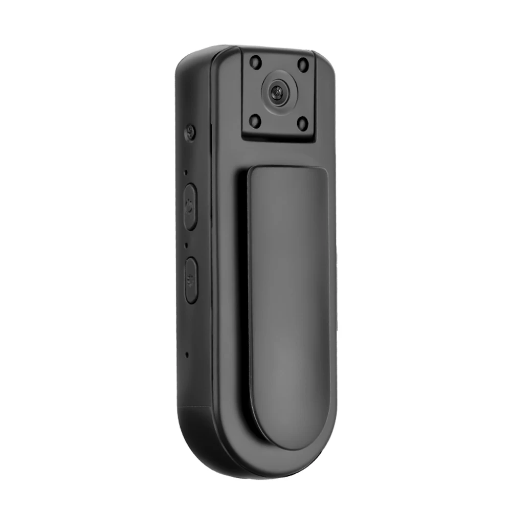 Black handheld camera or wearable device with a small lens on the top and a curved grip on the front.