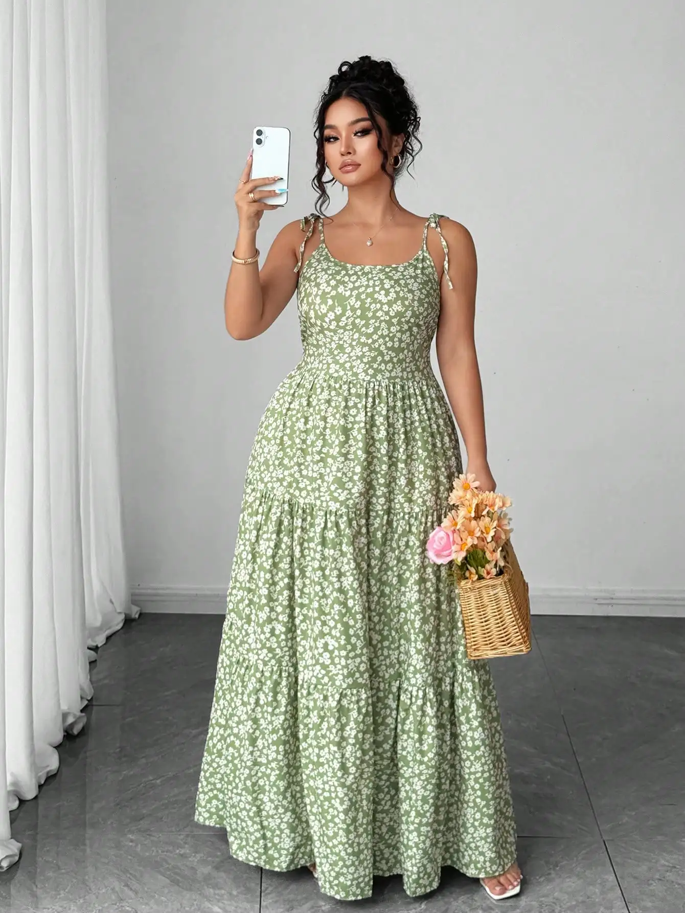 Light Green Tiny Floral Tiered Maxi Dress with Tie Shoulder 4 | PricZone Light Green Tiny Floral Tiered Maxi Dress with Tie Shoulder 4 | PricZone