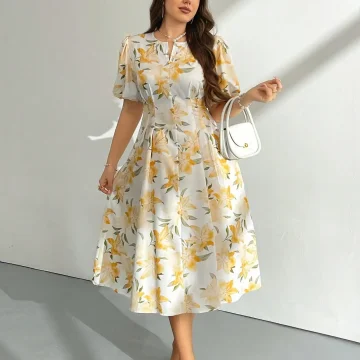 Plus Size Floral Print Midi Dress with Puff Sleeves 2