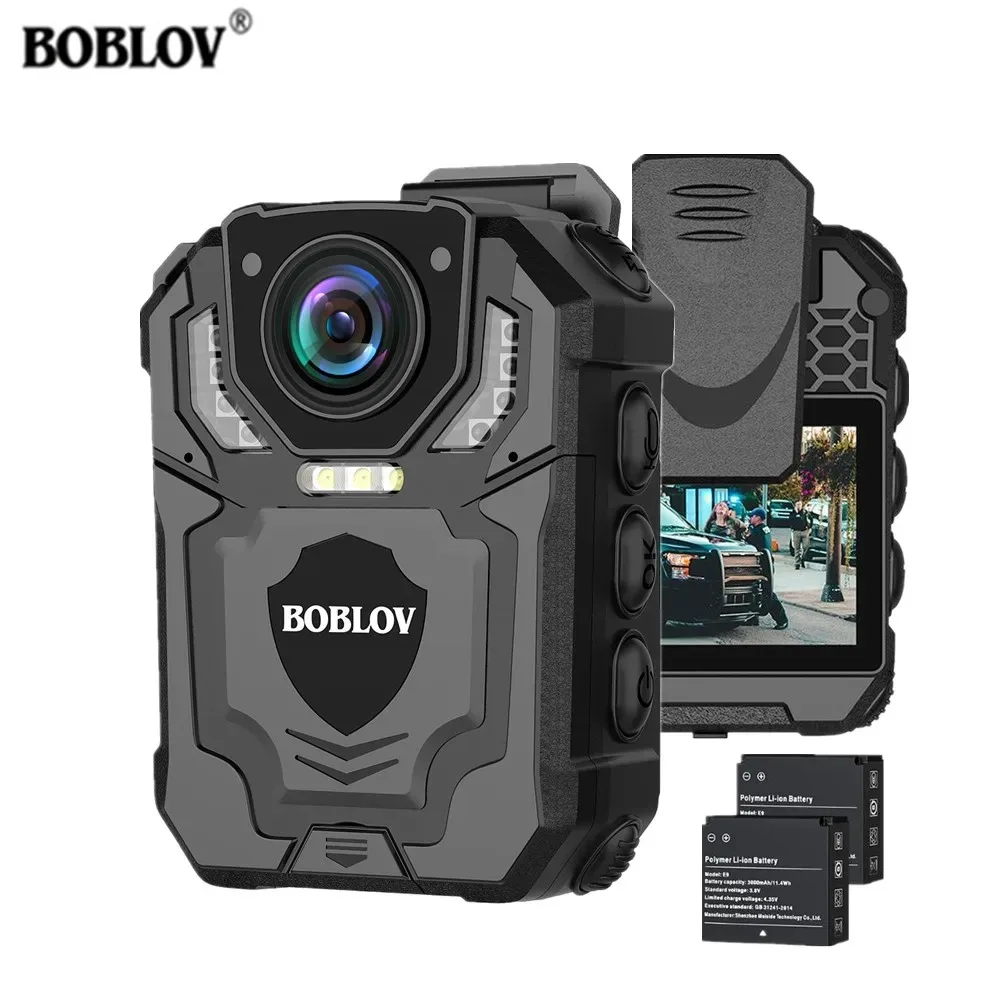 Boblov T5 Body Worn Full Hd 128Gb Dvr Security Camera 1 | PricZone BOBLOV body worn camera with front lens LED lights and a detachable LCD screen showing a street scene plus two batteries at bottom right | PricZone