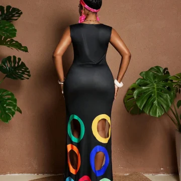 Women Plus Size Color Block Cutout Round Neck Sleeveless 2