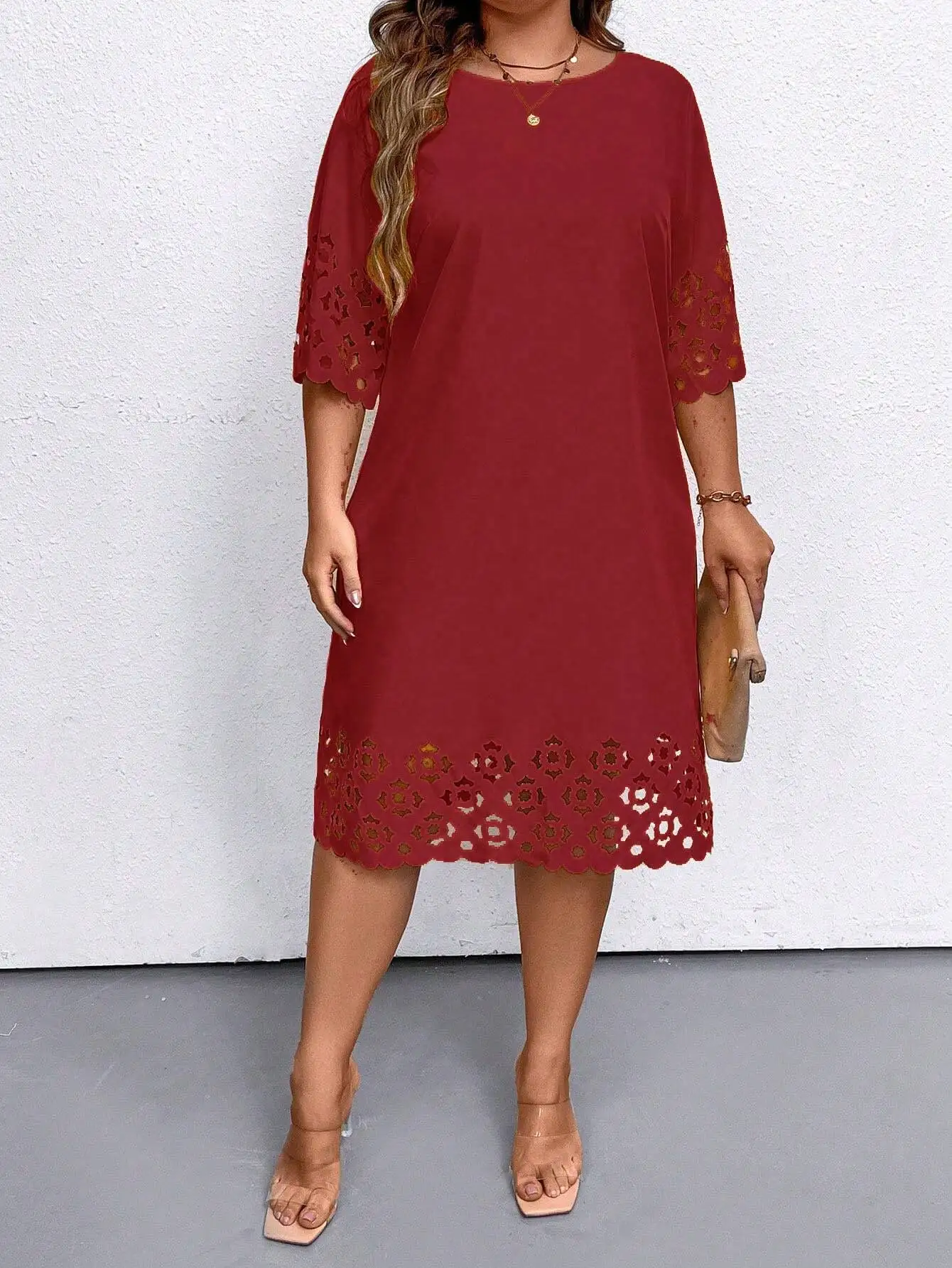 Plus Size Burgundy Hollow Out Summer Dress 5 | PricZone Plus Size Burgundy Hollow Out Summer Dress 5 | PricZone