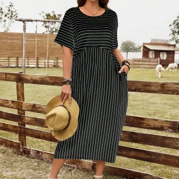 Plus Size Women Striped Pocket Midi Summer Dress 1
