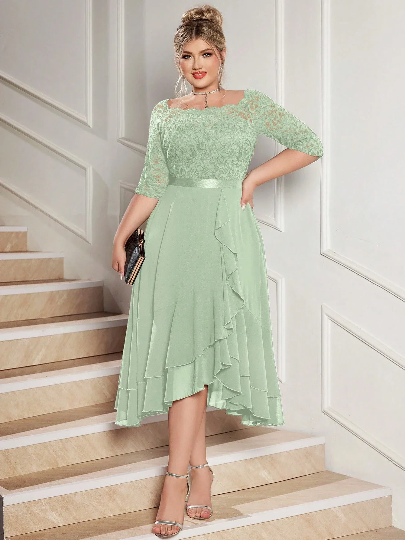 Plus Size Floral Lace Chiffon Cocktail Dress with Ruffle Hem 4 | PricZone Plus Size Floral Lace Chiffon Cocktail Dress with Ruffle Hem 4 | PricZone