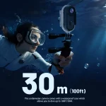 Underwater scene with a diver using a waterproof camera housing and large depth text reading 30 m 100 ft | PricZone