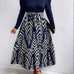 Plus Size Round Neck Long Sleeve Chevron Print Midi Dress 5 | PricZone Plus Size Round Neck Long Sleeve Chevron Print Midi Dress 5 | PricZone