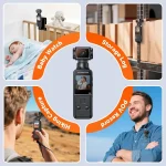 5K Body Camera with 270° Rotating Lens and External Mic 8 | PricZone Center focused 5K Pocket Cam surrounded by four lifestyle scenes baby in crib baby watch warehouse shelves storage log hiker taking a photo and smiling man hands free use to illustrate versatile uses | PricZone