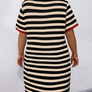 Plus Size Striped V Neck Dress with Red Trim 1 | PricZone