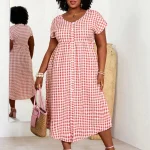 Boho Plus Size V Neck Gingham Long Summer Dress 3 | PricZone