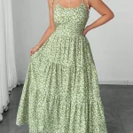 Light Green Tiny Floral Tiered Maxi Dress with Tie Shoulder 1 | PricZone Light Green Tiny Floral Tiered Maxi Dress with Tie Shoulder 1 | PricZone