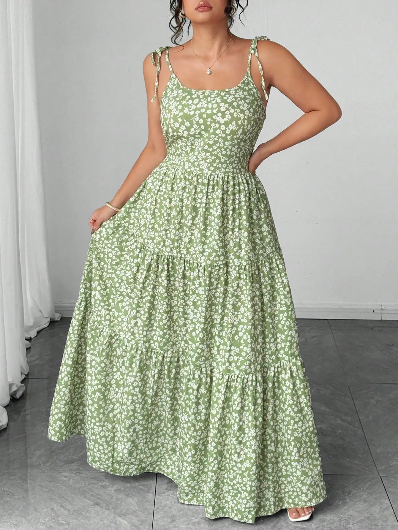 Light Green Tiny Floral Tiered Maxi Dress with Tie Shoulder 1 | PricZone Light Green Tiny Floral Tiered Maxi Dress with Tie Shoulder 1 | PricZone