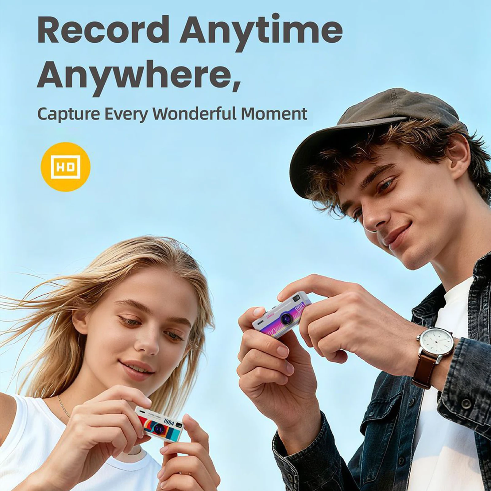 Two young adults hold disposable cameras outdoors against a blue sky, part of a promotional ad that reads 'Record Anytime Anywhere'.