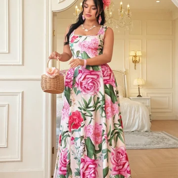 Woman in a pink and green floral maxi dress holding a wicker basket in a bright elegant room | PricZone