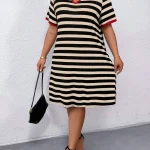 Plus Size Striped V Neck Dress with Red Trim 5 | PricZone
