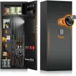 Open gun safe showing rifles ammo boxes and gear neatly stored on shelves inside the cabinet by the door edge Apportioned storage is visible on the right | PricZone