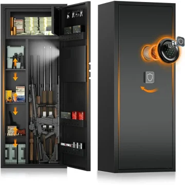 Open gun safe showing rifles, ammo boxes, and gear neatly stored on shelves inside the cabinet by the door edge. Apportioned storage is visible on the right.