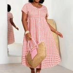 Boho Plus Size V Neck Gingham Long Summer Dress 4 | PricZone